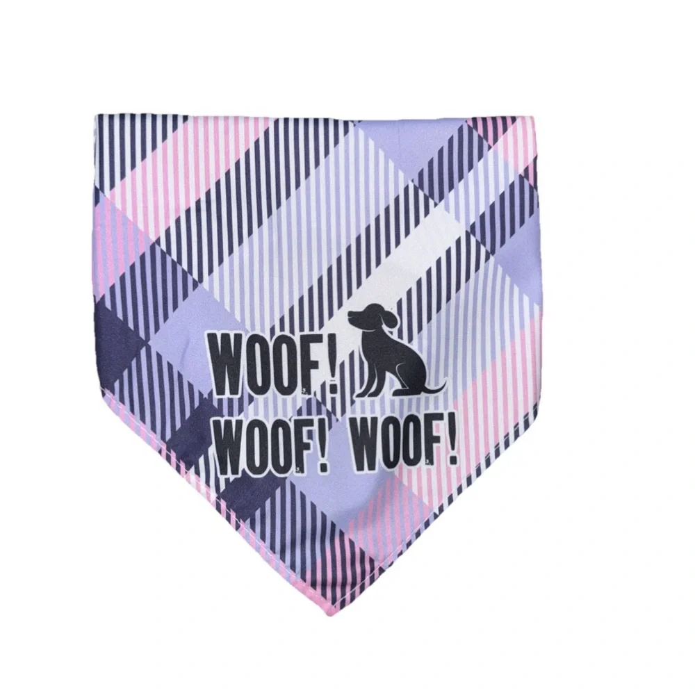 Dog Bandana Pink & Light Purple Plaid with Caption’Woof Woof Woof’ OS